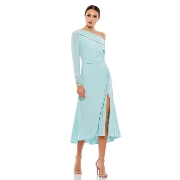 Mac Duggal 26485 Blue Foldover Long Sleeve Jeweled Midi Dress - Picture 2 of 14